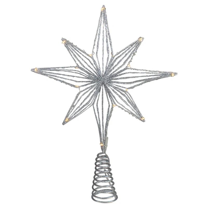 Northlight Seasonal 13.75" LED Lighted B/O Silver Glittered Geometric Star Christmas Tree Topper - Warm White Lights