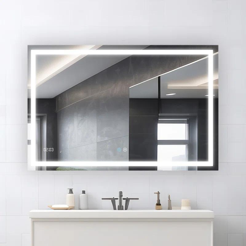 AQUADOM Daytona LED Wall-Mount Mirror for Bathroom with 3 Color Lighting, Touch Control, Dimmer and Defogger, Digital Clock