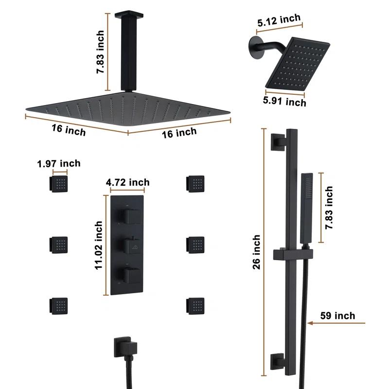CASAINC Rainfall Symphony 16inch Dual Shower Head Rainfall Thermostatic Shower System with 16-inch Slide Bar and Body spray KCHS0019-16MB