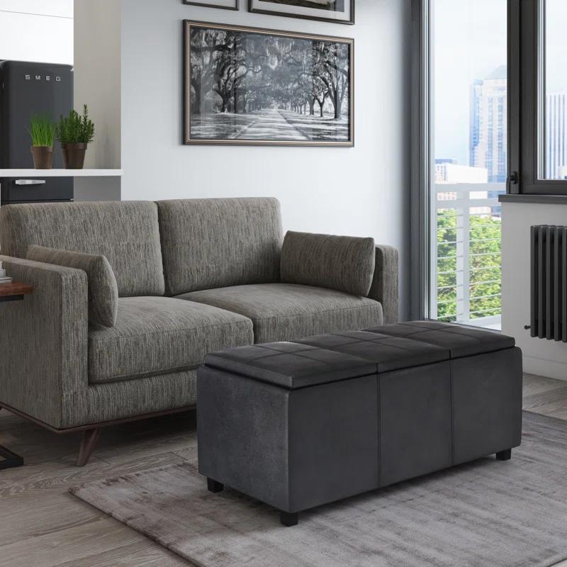 Simpli Home Avalon 42"W Upholstered Storage Ottoman with 3 Flip-Over Serving Trays