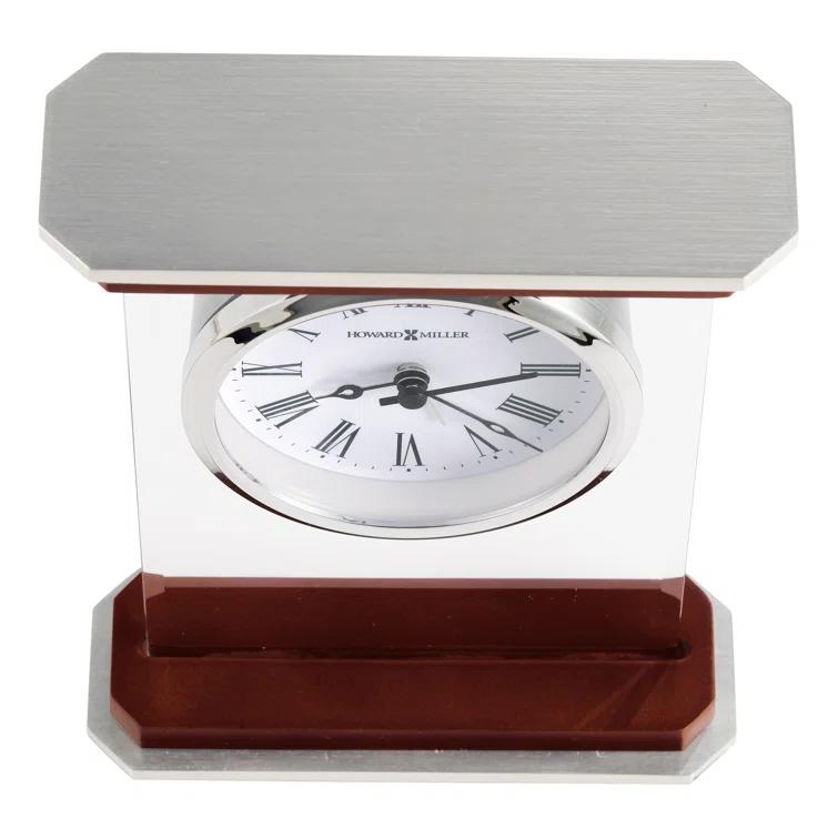 Howard Miller® Mayfield Modern & Contemporary Roman Numeral Rosewood Quartz Movement / Crystal Tabletop Clock with Alarm in White/Brown/Silver
