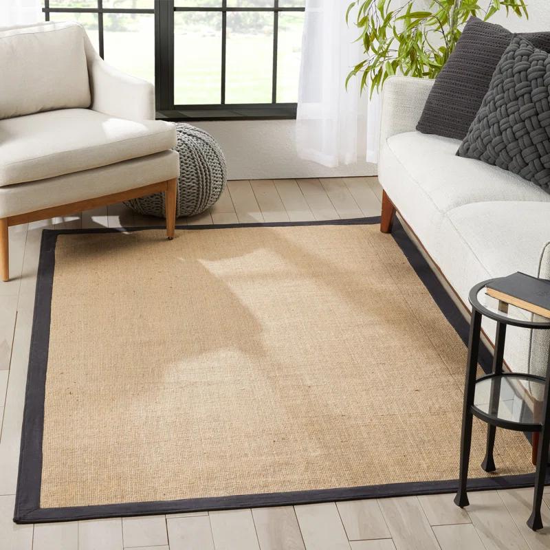 Ebern Designs Quince Sorel Solid Border Beige Black Natural Jute Non-Slip Handwoven Latex Area Rug