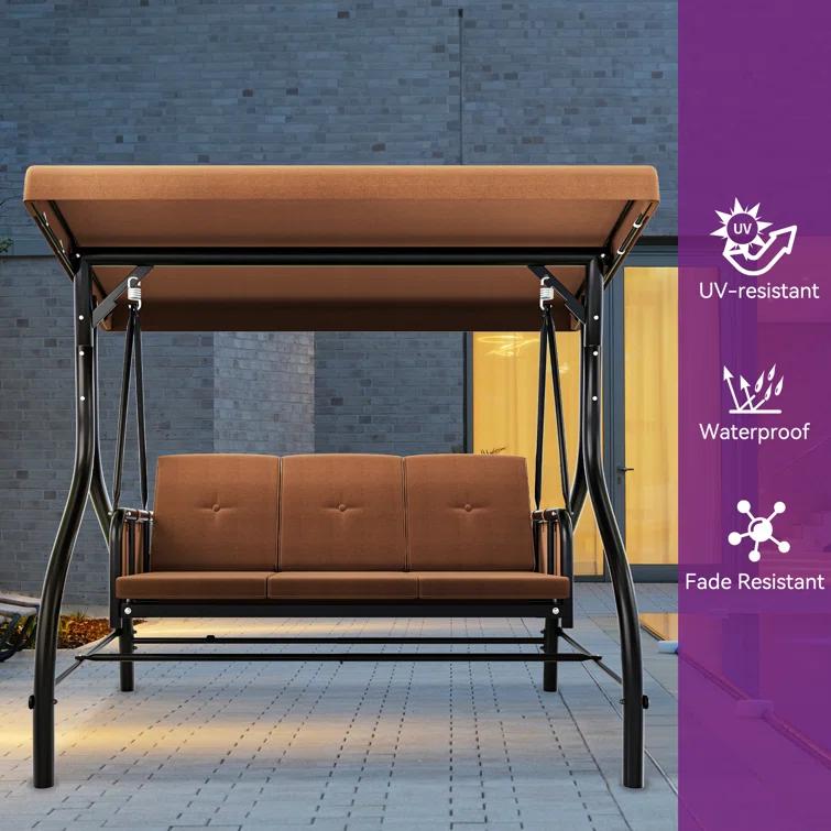 Arlmont & Co. 3-Person Porch Swing with Cup Holders with Removable Cushions and Convertible Canopy