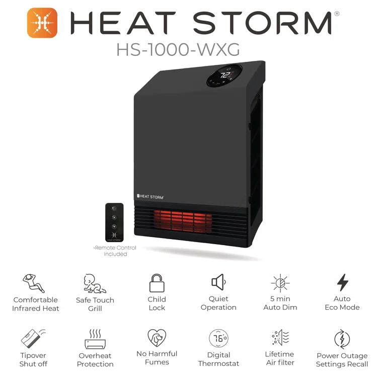 Heat Storm Heat Storm 1000 Watt 3400 BTU Electric Wall Mounted Space Heater with Adjustable Thermostat , Remote Included and with Digital Display