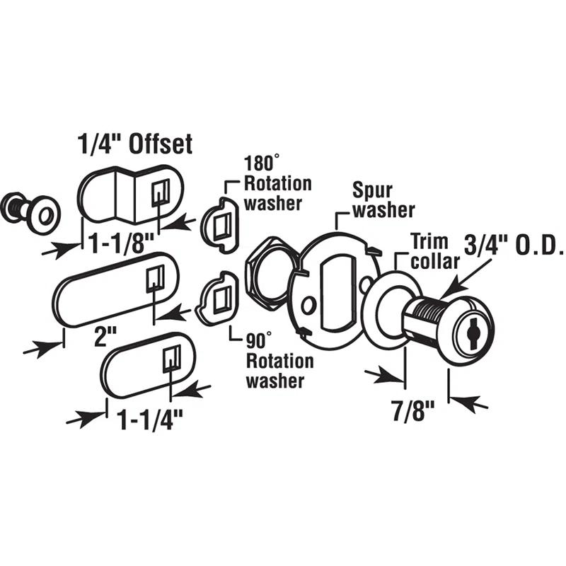 Prime-Line Diecast Keyed Alike Drawer and Cabinet Lock  3 Cams, Trim Collar, 2 Washers, 2 Keys and Fasteners  7/8 In. Length for 9/16 In. Max Panel Thickness, Stainless Steel (1 Set)