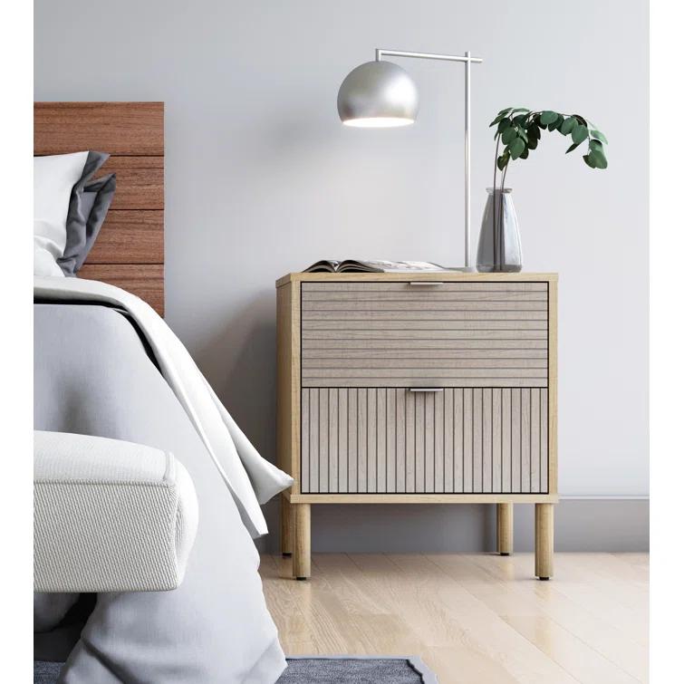 Sango Sango Merk 2-Drawer Solid Wood Nightstand, Drawers With Horizontal & Vertical Grooves