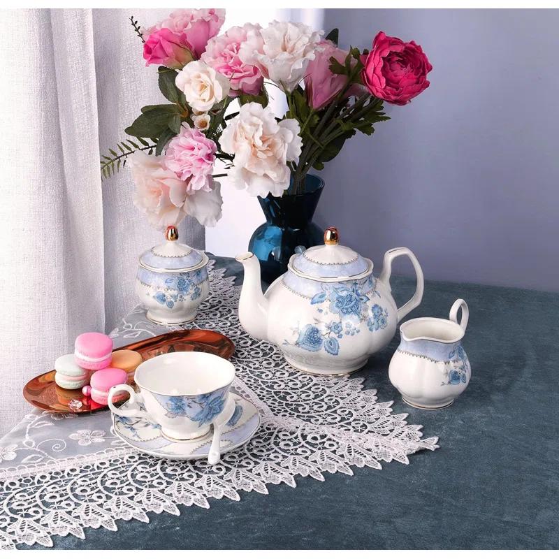 DOFLIC Porcelain Tea Set, Tea Cup and Saucer Set Service for 6, Wedding Tea Set