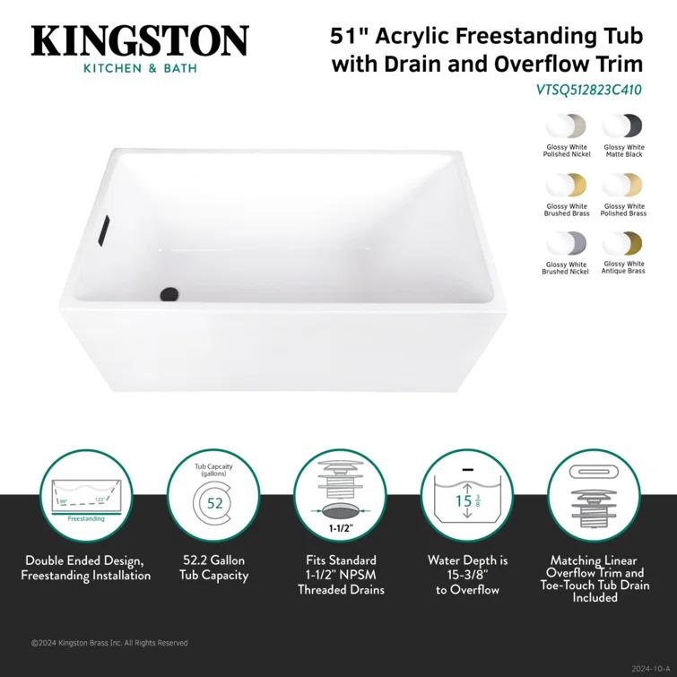 Kingston Brass Kingston Brass Aqua Eden 51-Inch Acrylic Rectangular Double Ended Freestanding Tub With Drain VTSQ512823C418