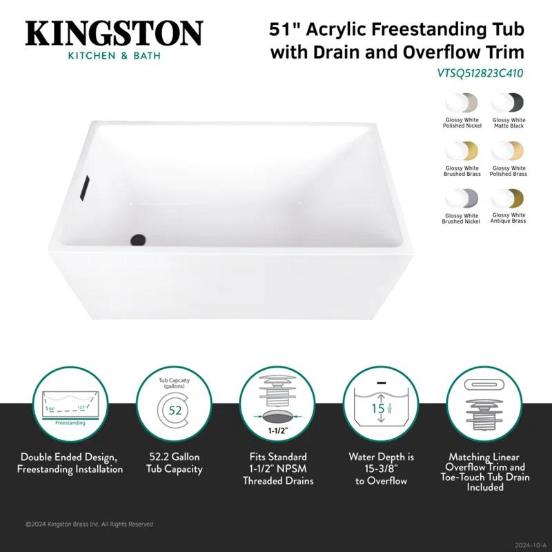 Kingston Brass Kingston Brass Aqua Eden 51-Inch Acrylic Rectangular Double Ended Freestanding Tub With Drain VTSQ512823C412