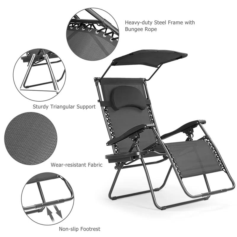 Arlmont & Co. Outdoor Folding Recliner Lounge Chair with Shade Canopy And Cup Holder