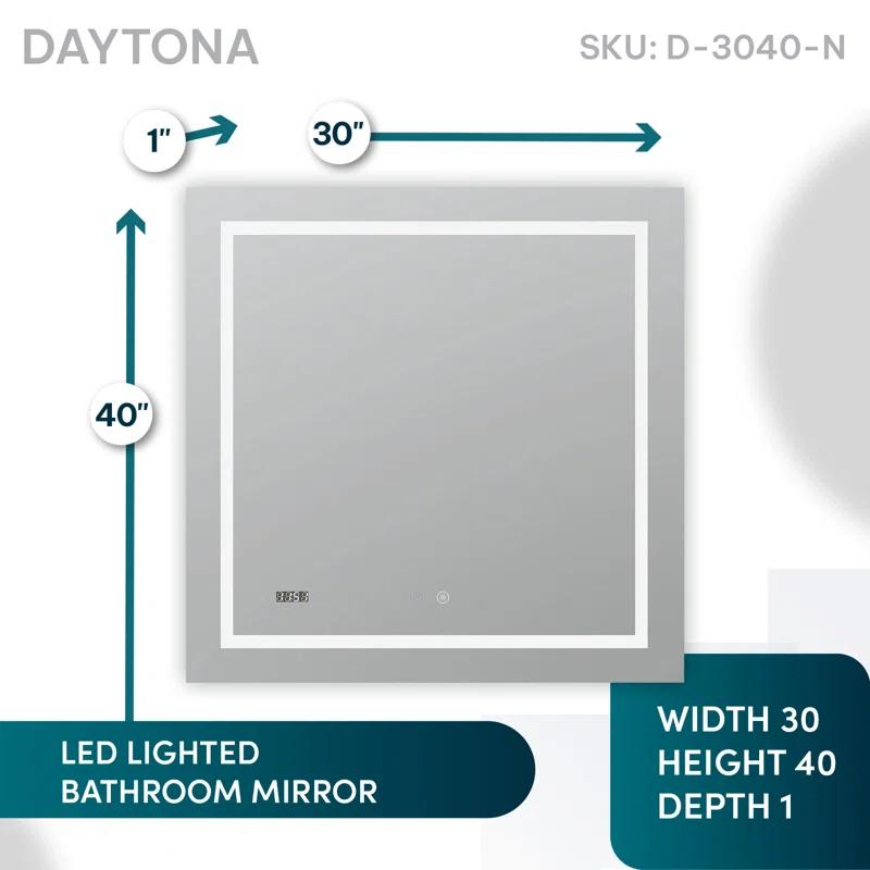 AQUADOM Daytona LED Wall-Mount Mirror for Bathroom with 3 Color Lighting, Touch Control, Dimmer and Defogger, Digital Clock.