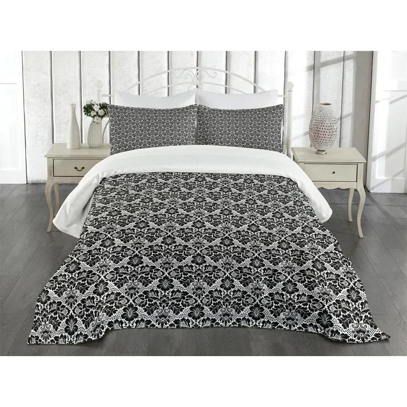 Ambesonne Ambesonne Victorian Bedspread Set Antique Floral Swirls Black and White