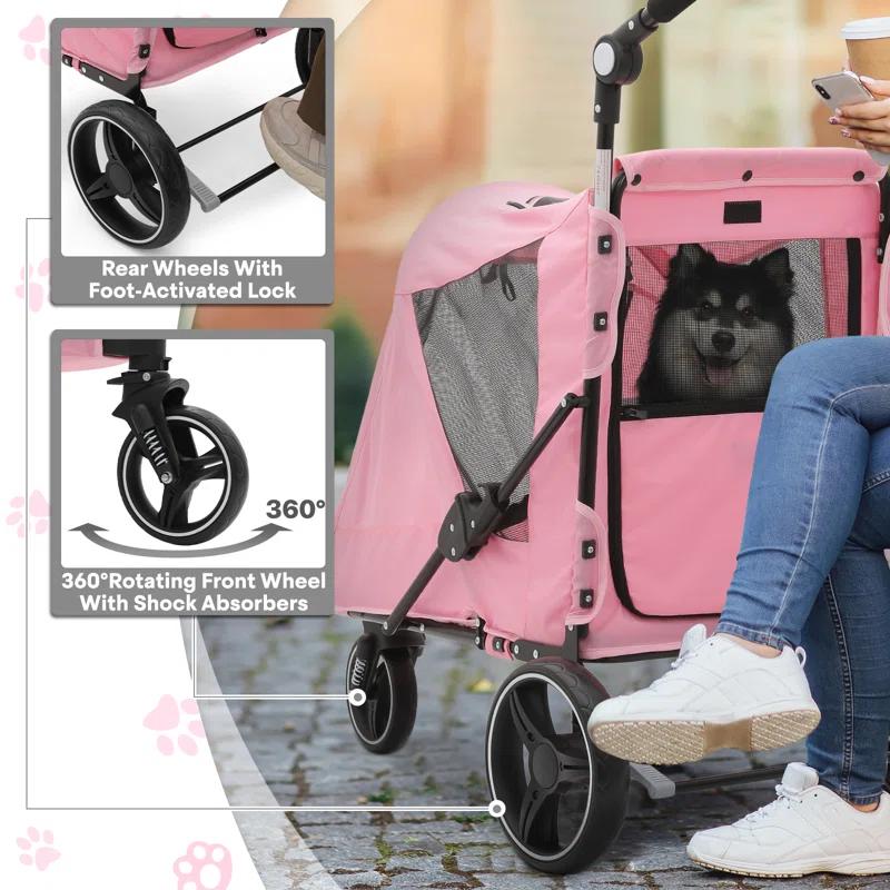 MoNiBloom Folding 3 Wheel Pet Stroller, Foldable Dog Jogger Stroller with Adjustable Handlebar and Mesh Window