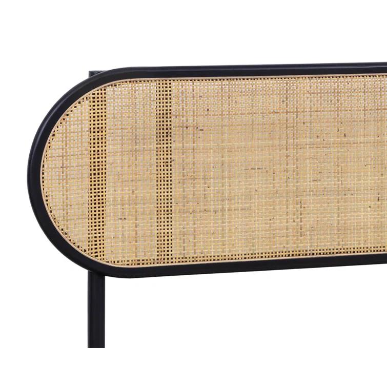 King Black Pine Wood Frame Bed with Rattan Headboard