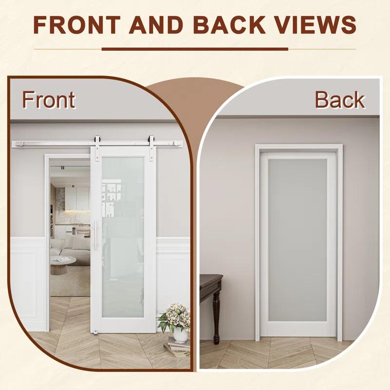 Home Worthy Frosted Glass Solid Manufactured Wood Painted Sliding Barn Door with Nickel-Hardware Kit(No Assembly Required)
