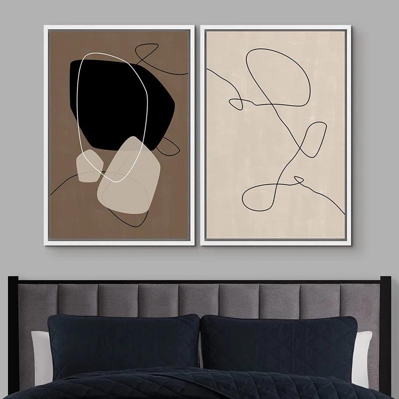 Mid Century Shape "Brown And Black Abstract Neutral Line Chic Framed Canvas Print 2 Pieces Wall Art