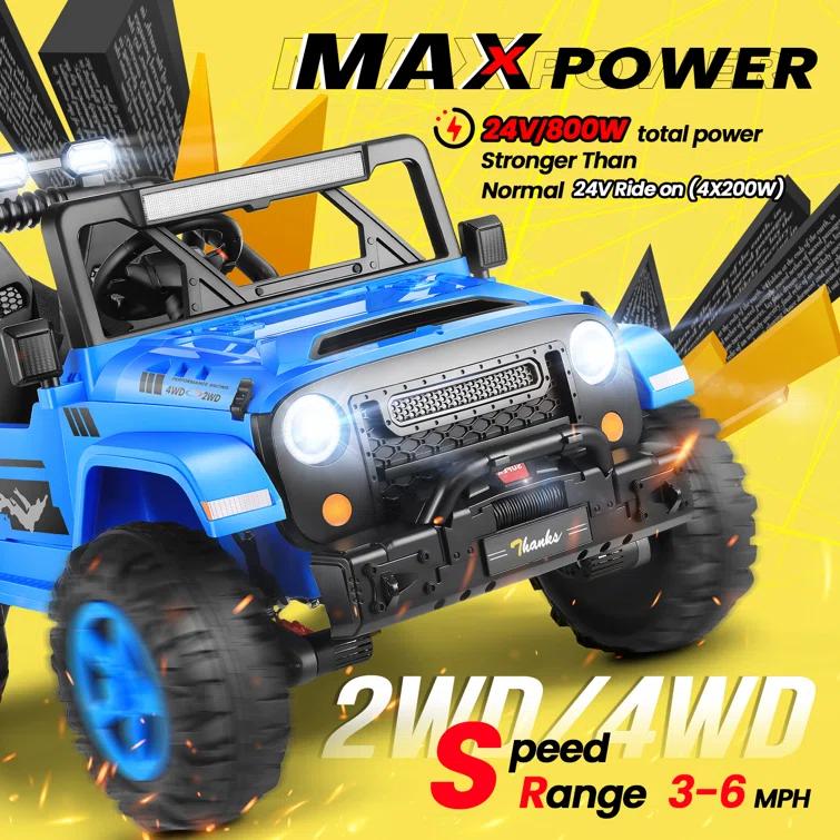 Ancheer 24V 4WD//2WD Ride On Jeep Truck,2 Seater Kids UTV With 4X200w Powerful Engine,Remote Control,Bluetooth,20 Wide Seat,Vehicles for Kids Toddlers