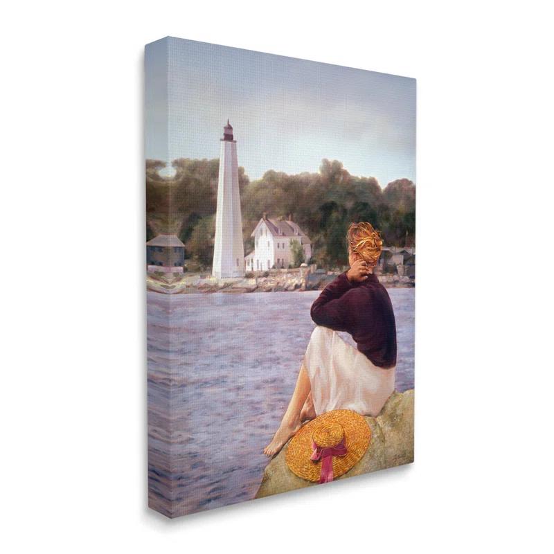 Stupell Industries " Woman At Shoreline Coast Lighthouse Realistic Nautical " Painting Print