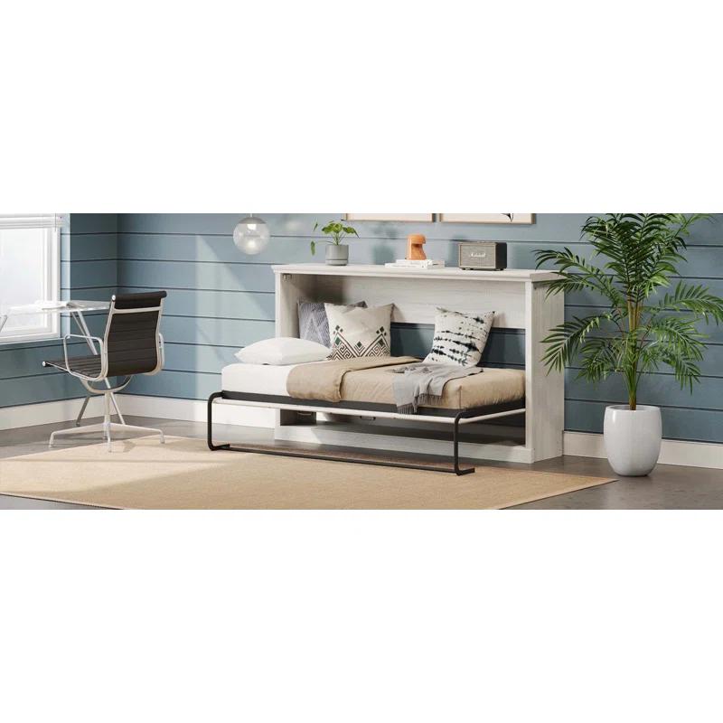 Impact Outdoor Twin Size Horizontal Murphy Bed, Hideaway Wall Bed, Folding Into Cabinet, Space Saving Furniture For Multipurpose Guest Room, Home Office, Rustic White