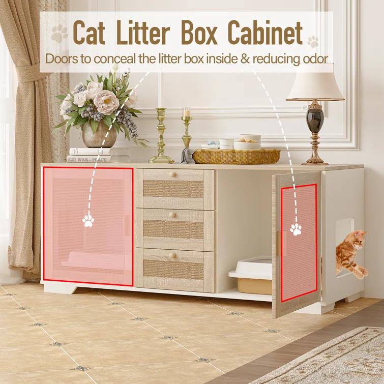 Tucker Murphy Pet™ Cat Litter Box Enclosure Indoor Wood Cat Furniture Cabinet With Scratching Pad Doors And 3 Drawer, 55”X20”X24”H