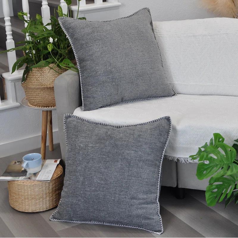 Oveesha Soft Chenille Throw Pillow Covers With Stitched Edge (Set of 2)