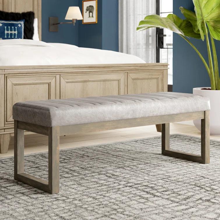 Simpli Home Casey 48"W Distressed Vegan Leather Ottoman Bench with Quilted Vertical Stitching