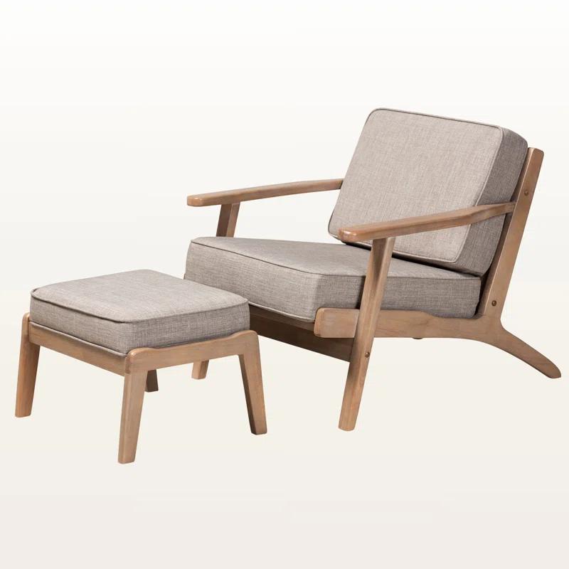 George Oliver Emsworth Mid-Century Modern 2-Piece Antique Oak Finished Armchair and Ottoman Set in Light Grey Fabric