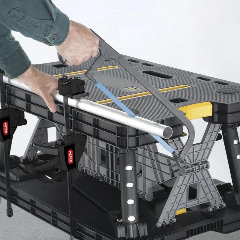 Keter Folding Portable Workbench Sawhorse with (2) 12" Clamps, Black and Yellow
