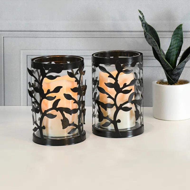 The Holiday Aisle® Black Vine Hurricanes with LED Candles (Set of 2)
