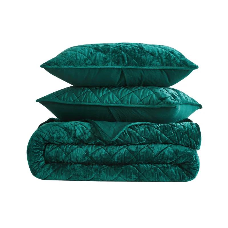 Chezmoi Collection Diamond Stitch Reversible Plush Distressed Velvet Quilt Set