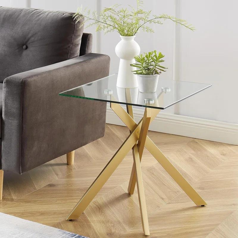 Mercer41 Modern Style Square Side Table with Tempered Glass Top and Metal Tubular Legs