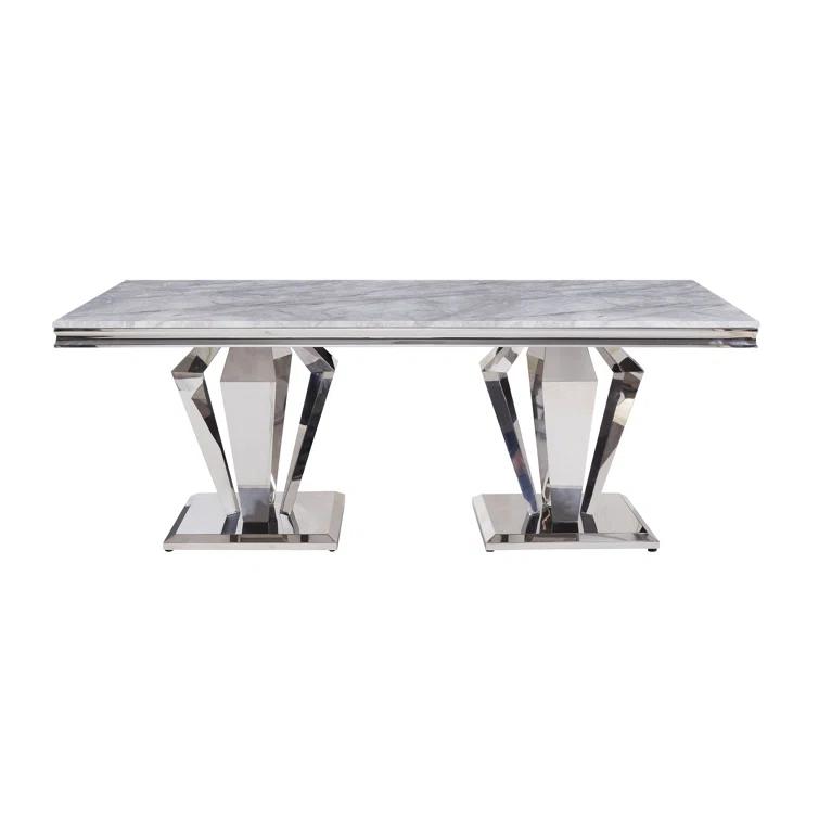 Everly Quinn Eardie Rectangular Dining Table in Light Gray and Mirrored Silver