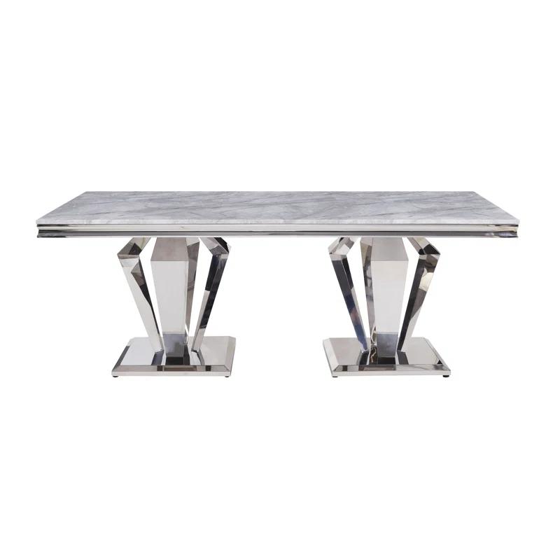 Everly Quinn Eardie Rectangular Dining Table in Light Gray and Mirrored Silver