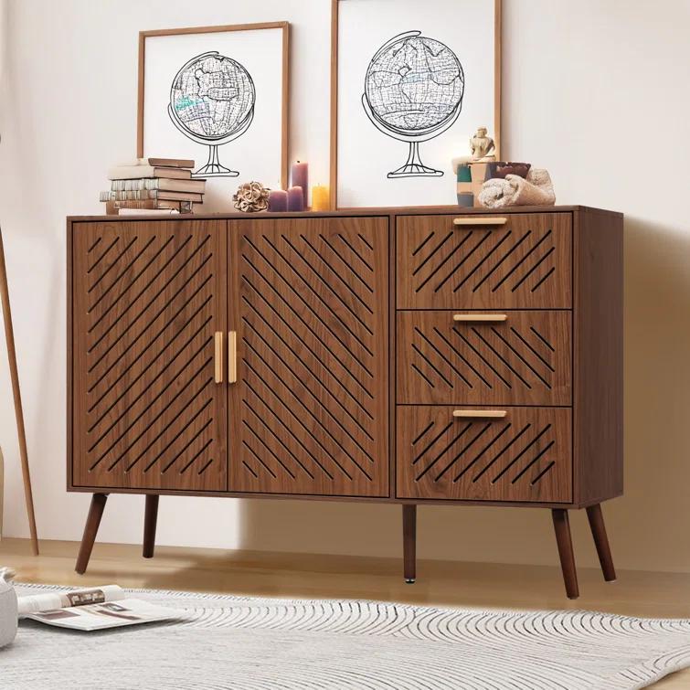 George Oliver Storage Cabinet With 3 Drawers & Double Doors, Kitchen Buffet Sideboard Cabinet,Wood Storage Organizer For Kitchen, Living Room, Dining Room, Brown & Reviews | Wayfair