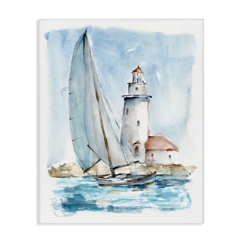 Stupell Industries Au-416-Canvas " Nautical Sailboat & Lighthouse " by Ethan Harper Painting Print
