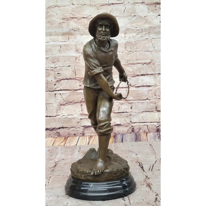 Bronze Fisherman with Net – Nautical-Themed Sculpture on Marble Base