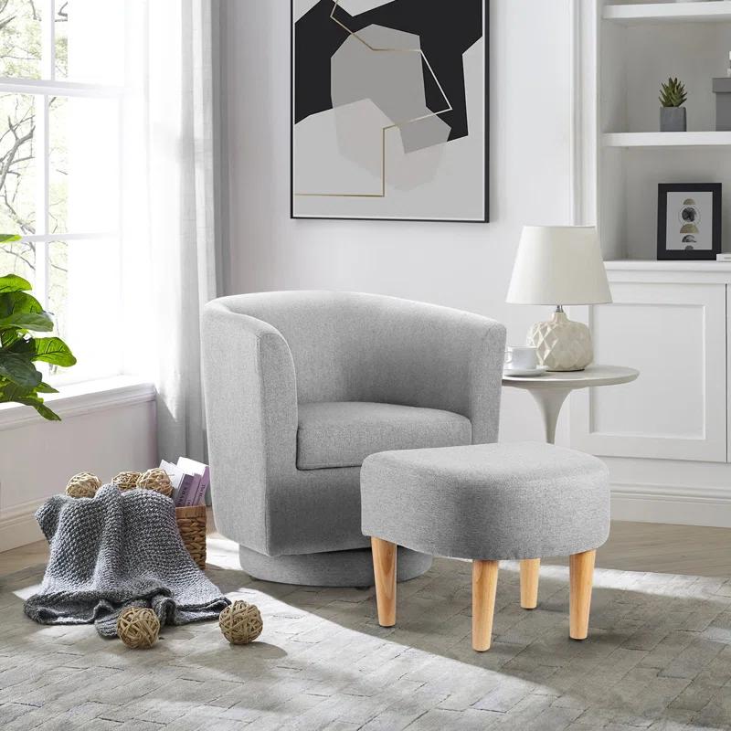 Latitude Run® Sharolynn Upholstered Linen 26.4" Wide Swivel Barrel Chair with Ottoman