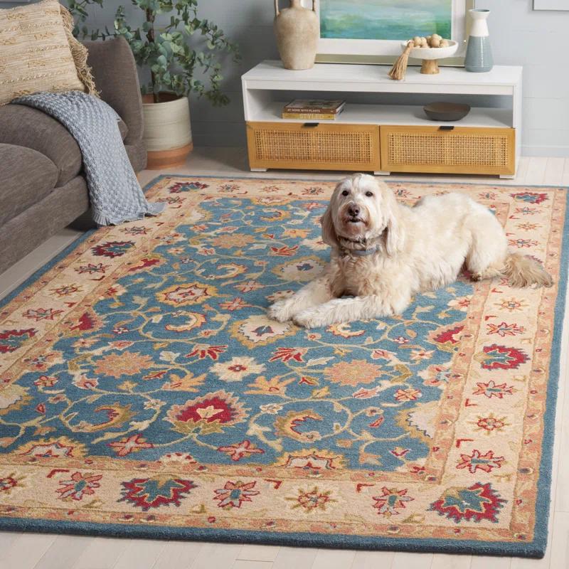 Antiquity Inspired Blue and Beige Handmade Wool Area Rug - 7'6" x 9'6"