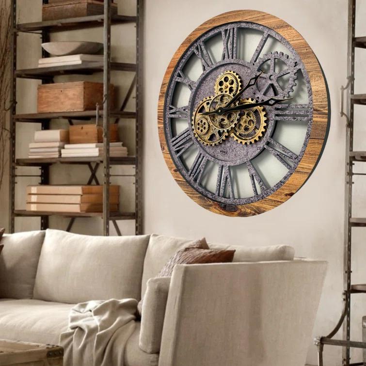 The Gears Clock Wall Clock 24" Round Oversized for Living Room decor with Real Moving Gears America Collection