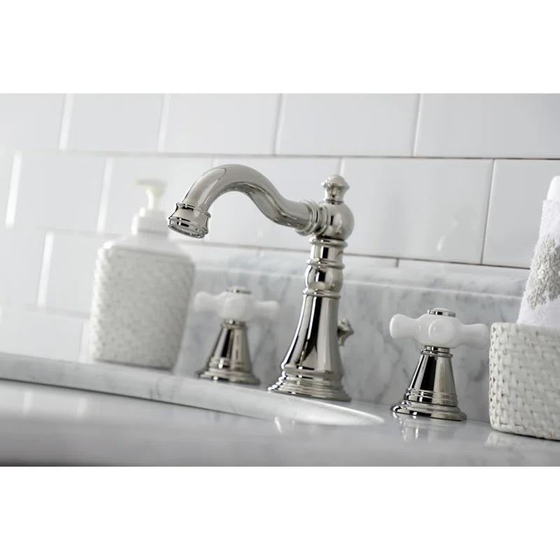 Kingston Brass American Classic Two-Handle 3-Hole Deck Mount Widespread Bathroom Faucet with Pop-Up Drain