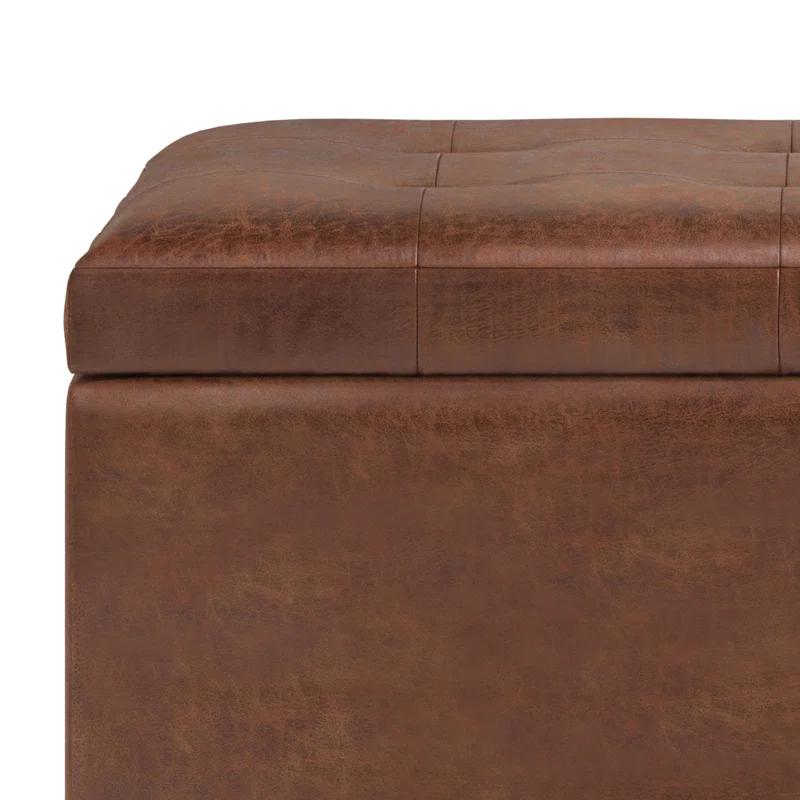Simpli Home Cosmopolitan 34"W Upholstered Storage Ottoman with Tufted Design and Large Interior Storage