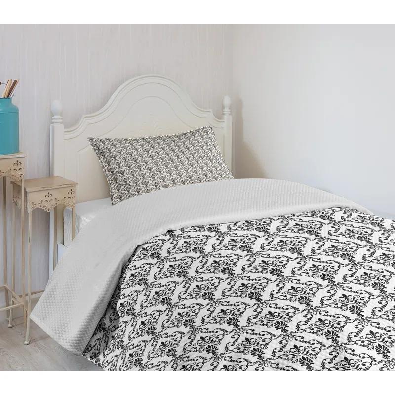 Ambesonne Ambesonne Damask Bedspread Set 2 Pcs Ornate Style Foliage Twin Black White