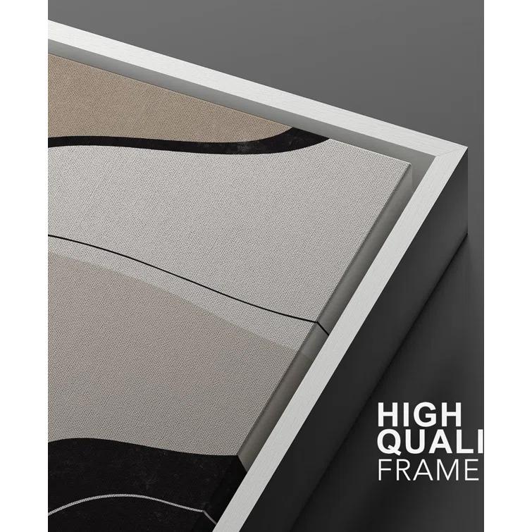 Mid Century Shape "Brown And Black Abstract Neutral Line Chic Framed Canvas Print 2 Pieces Wall Art