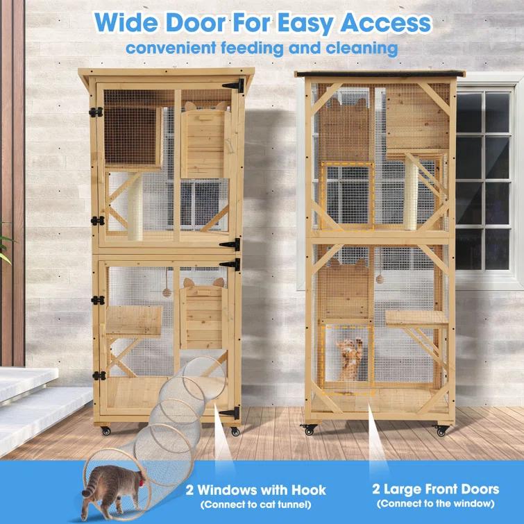 Tucker Murphy Pet™ Hallvard Outdoor Cat Enclosure with Scratcher - 4-Tier Large Indoor Wooden Window Catio Cat House W/Asphalt Waterproof Roof