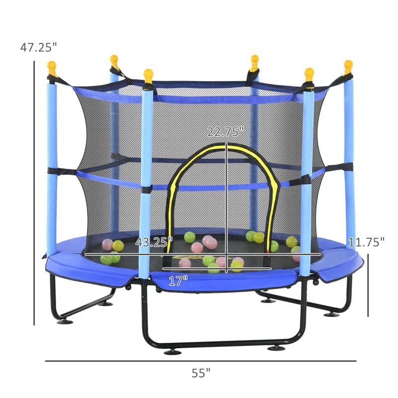 Qaba 4.6' Trampoline For Kids, 55 Inch Toddler Trampoline With Safety Enclosure & Ball Pit For Indoor Or Outdoor Use, Built For Kids 3-10 Years, Yellow