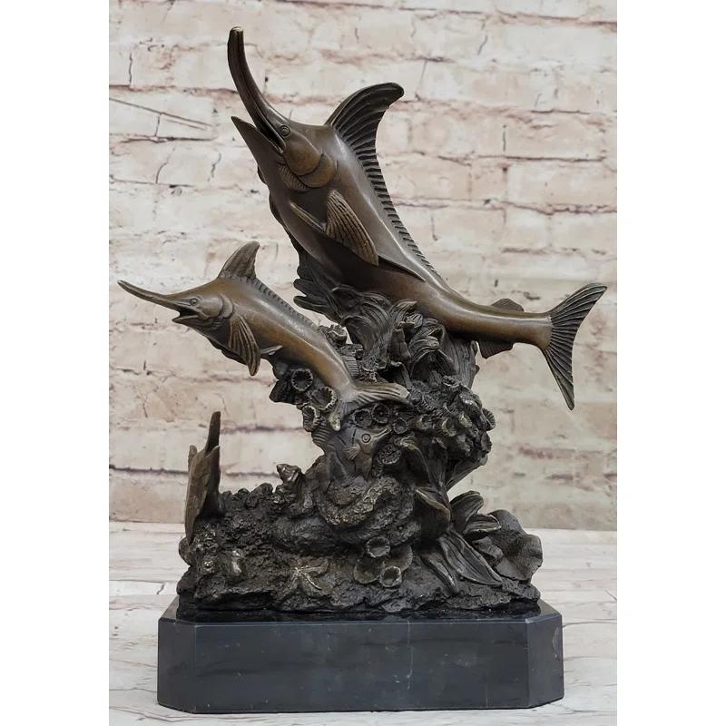 Rosecliff Heights Original Bronze Statue Sculpture Of Marlin Sailfish Swordfish Jumping Out Of Ocean On Marble Base