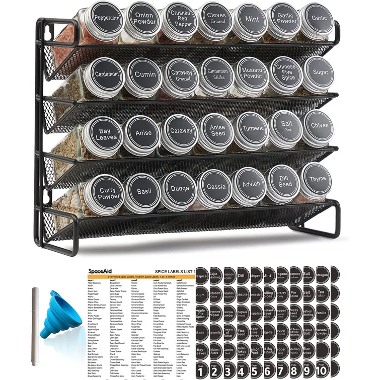 SpaceAid Spice Rack Organizer Set with Spice Jars, 386 Labels, Chalk Marker, and Funnel – For Cabinet, Countertop, Pantry, Cupboard, or Wall Mount