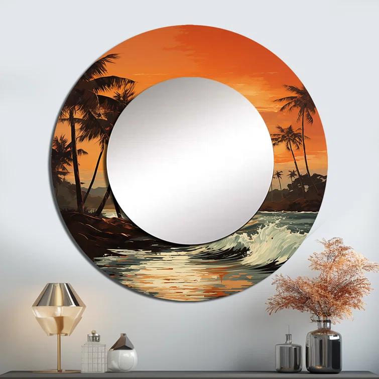 Design Art Tangerine Twilight Tropical Tranquility Sunset I - Palm Trees Large Mirror, Orange Round Decorative Wall Mirror, Printed Metal Art | Wayfair