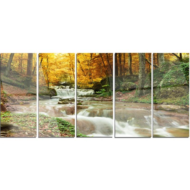 Design Art " Forest Waterfall With Yellow Trees " 5 - Pieces