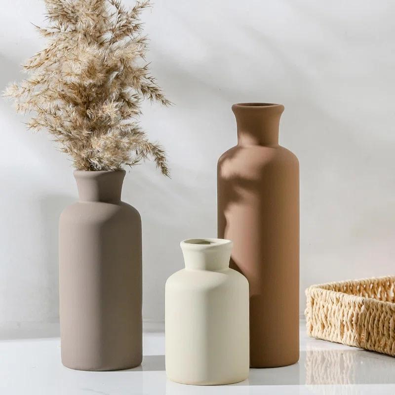 Lark Manor™ Set Of 3 Ceramic Vases, Modern Neutral Home Decor For Farmhouse, Rustic, Or Boho Style - Perfect For Fresh Or Dried Flowers, Table, Mantel, Shelf, Entryway, Living Room, Kitchen, Bathroom - Brown